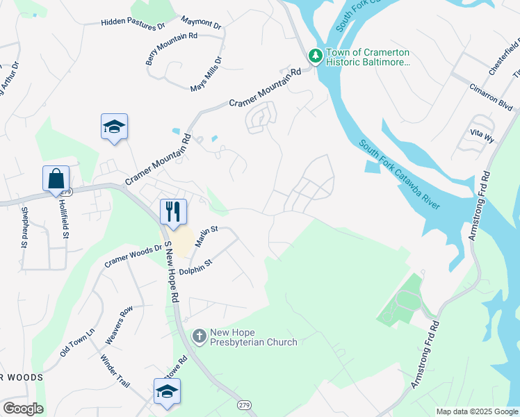 map of restaurants, bars, coffee shops, grocery stores, and more near 101 Cramerton Mills Parkway in Cramerton