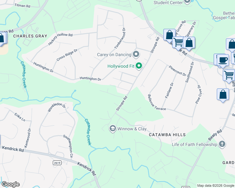 map of restaurants, bars, coffee shops, grocery stores, and more near 504 Stroupe Road in Gastonia
