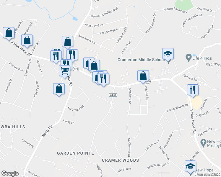 map of restaurants, bars, coffee shops, grocery stores, and more near 3838 South New Hope Road in Gastonia