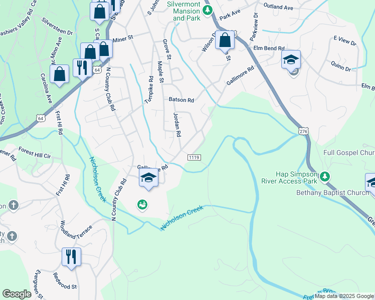 map of restaurants, bars, coffee shops, grocery stores, and more near 144 Mountain Glen Drive in Brevard