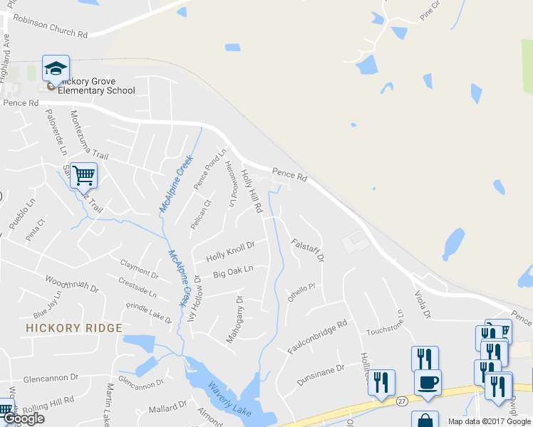 map of restaurants, bars, coffee shops, grocery stores, and more near 7715 Holly Hill Road in Charlotte