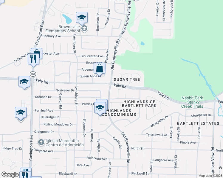 map of restaurants, bars, coffee shops, grocery stores, and more near 3446 Old Brownsville Road in Bartlett