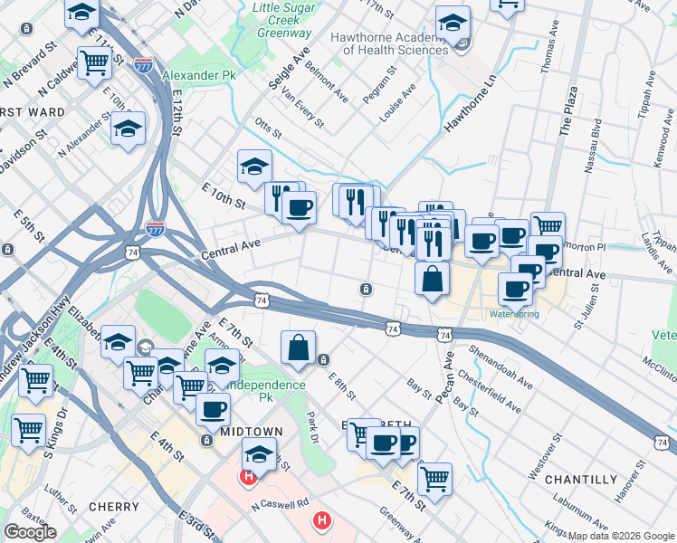 map of restaurants, bars, coffee shops, grocery stores, and more near 700 Oakland Avenue in Charlotte