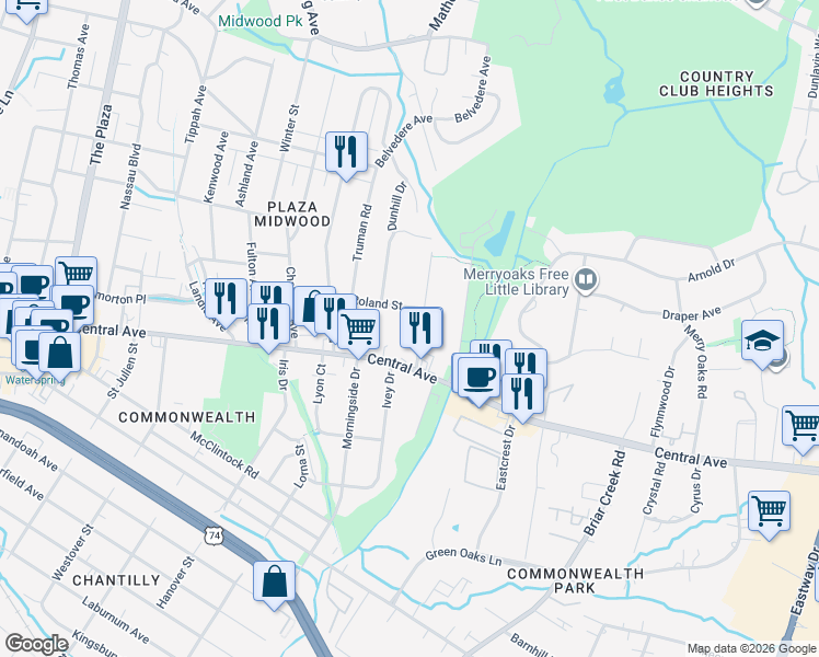 map of restaurants, bars, coffee shops, grocery stores, and more near in Charlotte