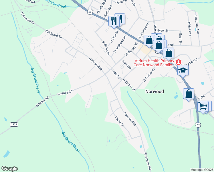 map of restaurants, bars, coffee shops, grocery stores, and more near 105 North Kendall Street in Norwood