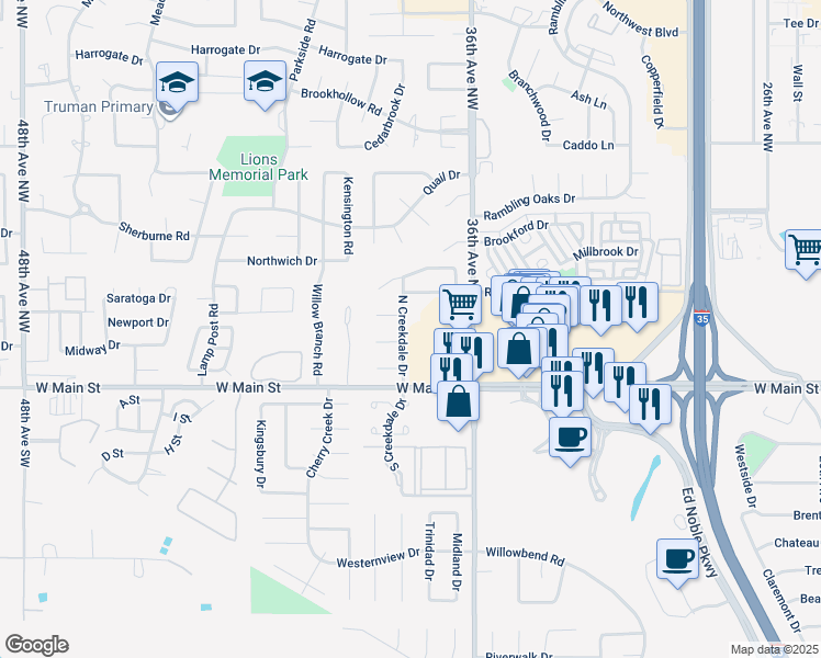 map of restaurants, bars, coffee shops, grocery stores, and more near 203 North Creekdale Drive in Norman