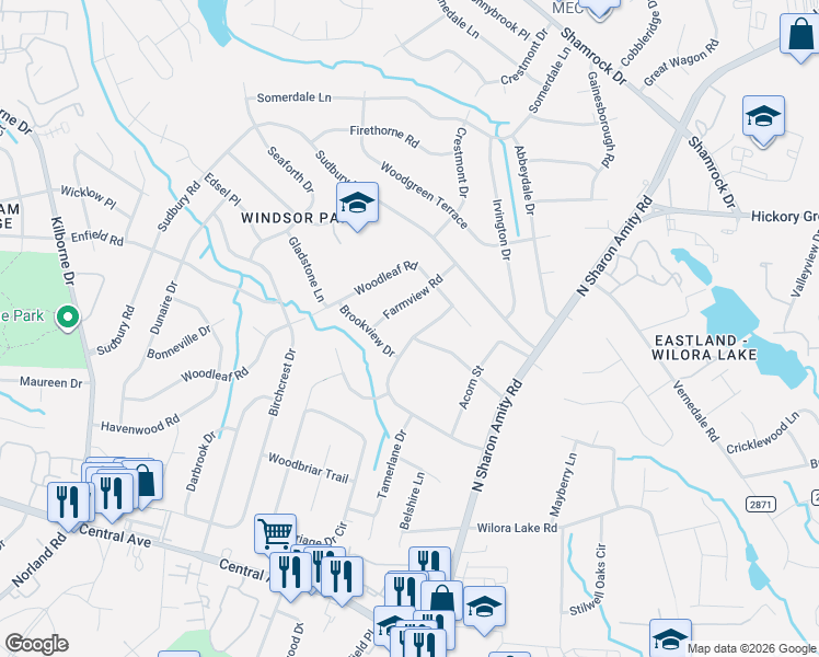 map of restaurants, bars, coffee shops, grocery stores, and more near 5024 Auburndale Road in Charlotte