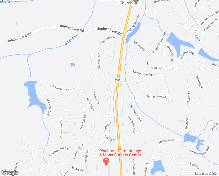 map of restaurants, bars, coffee shops, grocery stores, and more near 250 Adams Circle in Pinehurst
