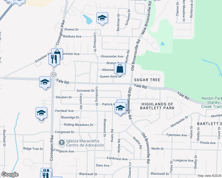 map of restaurants, bars, coffee shops, grocery stores, and more near 5322 Scrivener Drive in Bartlett