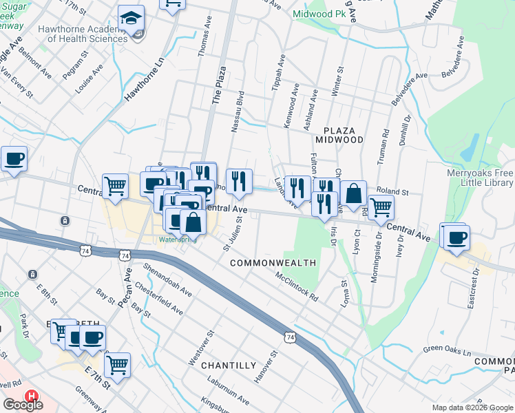 map of restaurants, bars, coffee shops, grocery stores, and more near 2017 Central Avenue in Charlotte