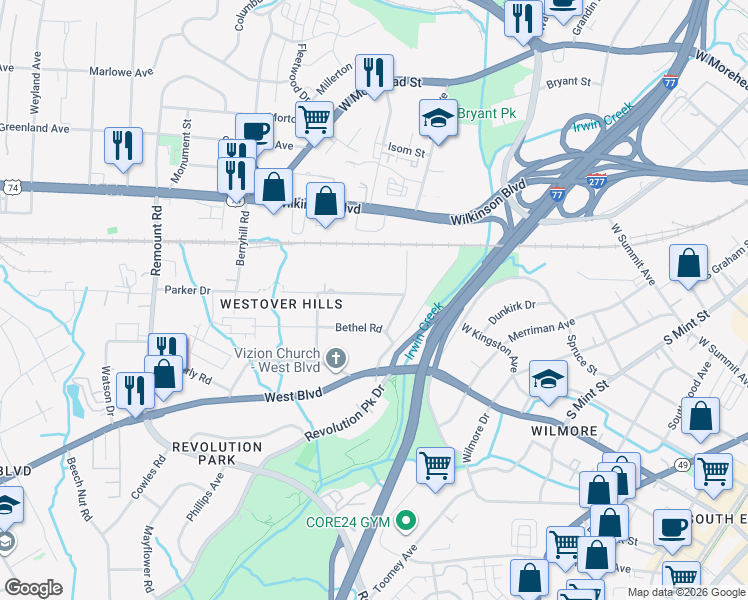 map of restaurants, bars, coffee shops, grocery stores, and more near 1123 Skyview Road in Charlotte