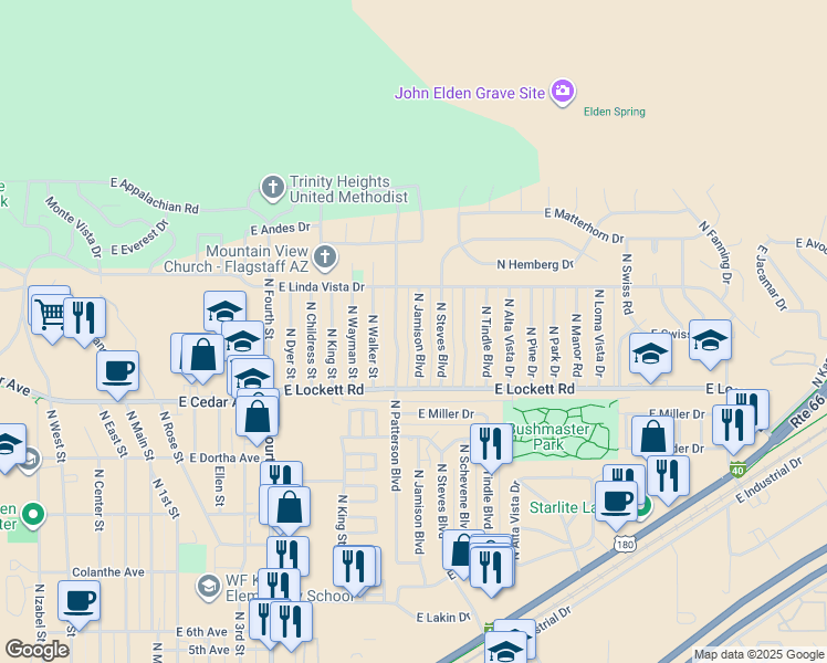 map of restaurants, bars, coffee shops, grocery stores, and more near 3465 North Jamison Boulevard in Flagstaff