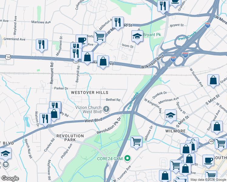 map of restaurants, bars, coffee shops, grocery stores, and more near 1123 Skyview Road in Charlotte