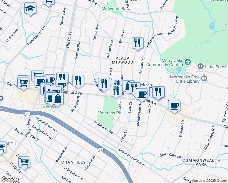 map of restaurants, bars, coffee shops, grocery stores, and more near 1421 Tippah Park Court in Charlotte