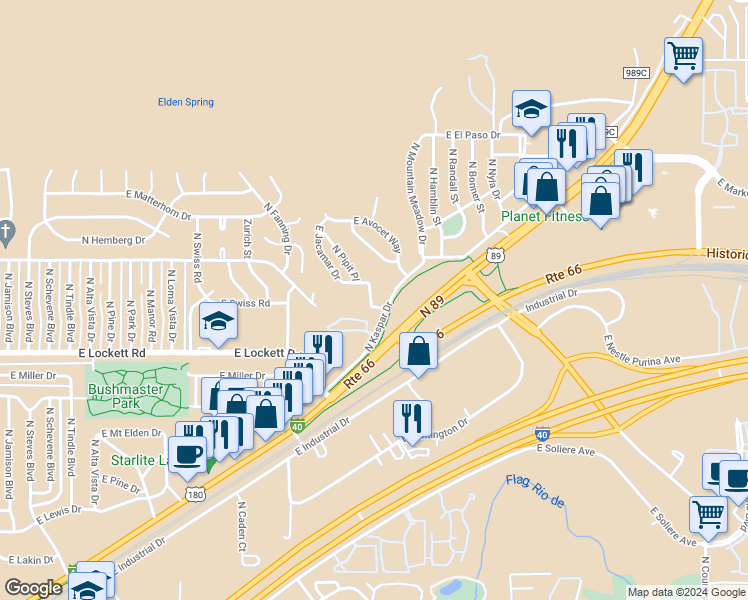 map of restaurants, bars, coffee shops, grocery stores, and more near 3884 East Jacamar Drive in Flagstaff