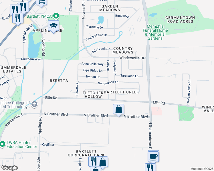 map of restaurants, bars, coffee shops, grocery stores, and more near 7947 Sandywood Lane in Memphis