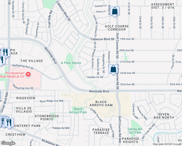 map of restaurants, bars, coffee shops, grocery stores, and more near 2326 Vista de Colinas Drive Southeast in Rio Rancho