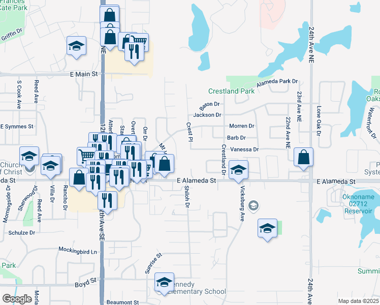 map of restaurants, bars, coffee shops, grocery stores, and more near 1602 Vanessa Drive in Norman
