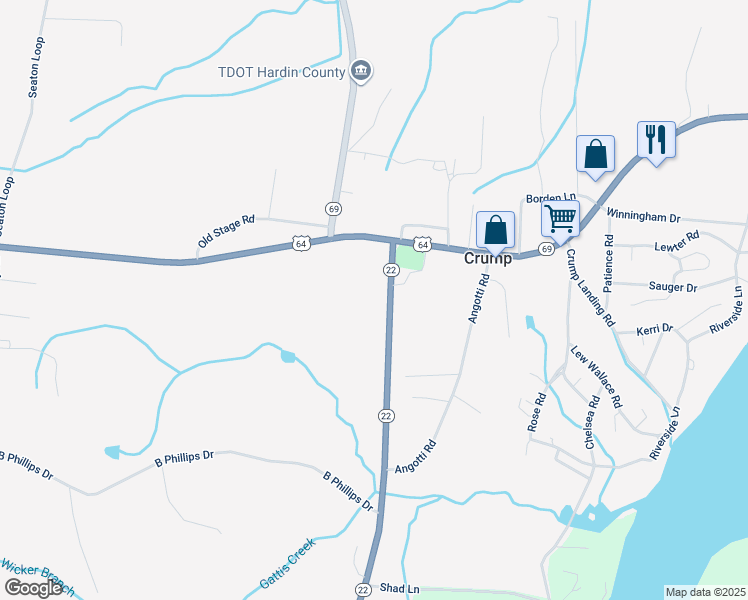 map of restaurants, bars, coffee shops, grocery stores, and more near 9385 Tennessee 22 in Crump