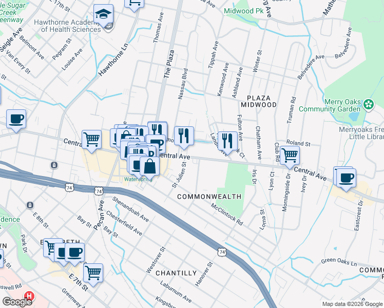 map of restaurants, bars, coffee shops, grocery stores, and more near in Charlotte