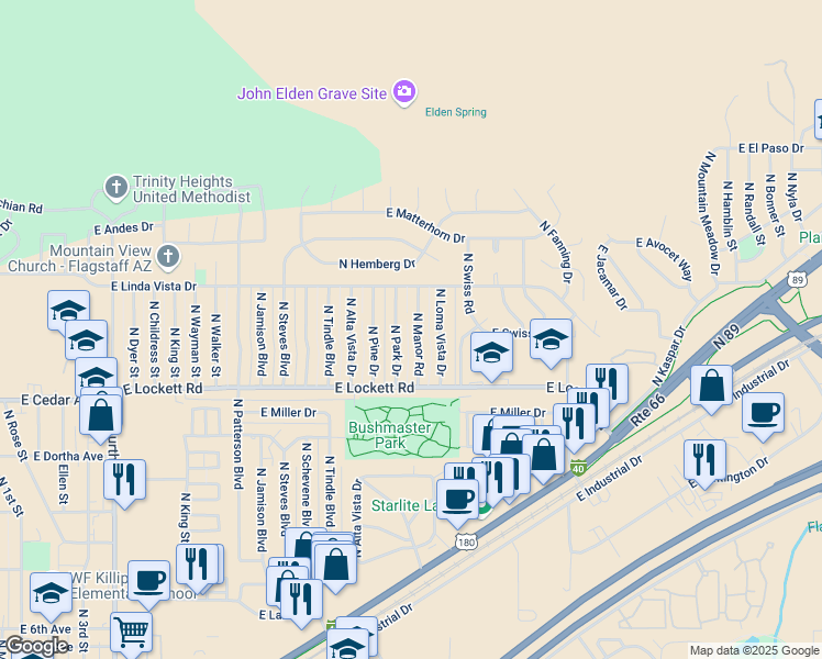 map of restaurants, bars, coffee shops, grocery stores, and more near 3450 North Manor Road in Flagstaff