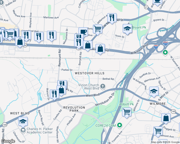 map of restaurants, bars, coffee shops, grocery stores, and more near 1339 Skyview Road in Charlotte