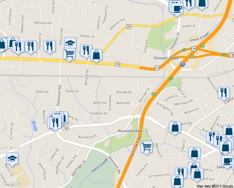 map of restaurants, bars, coffee shops, grocery stores, and more near 1219 Skyview Road in Charlotte