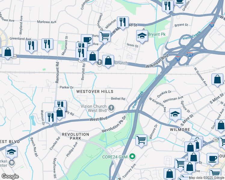 map of restaurants, bars, coffee shops, grocery stores, and more near 1219 Skyview Road in Charlotte