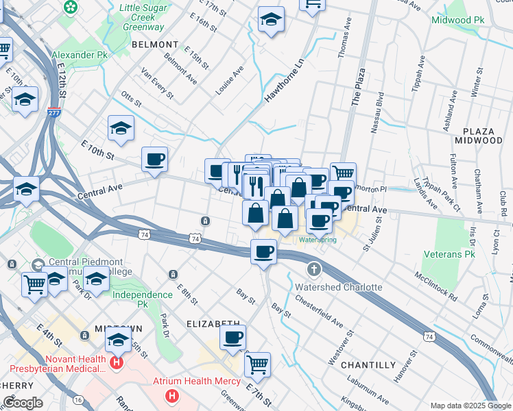 map of restaurants, bars, coffee shops, grocery stores, and more near 1334 Central Avenue in Charlotte
