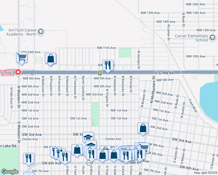 map of restaurants, bars, coffee shops, grocery stores, and more near 306 N Virginia St in Amarillo