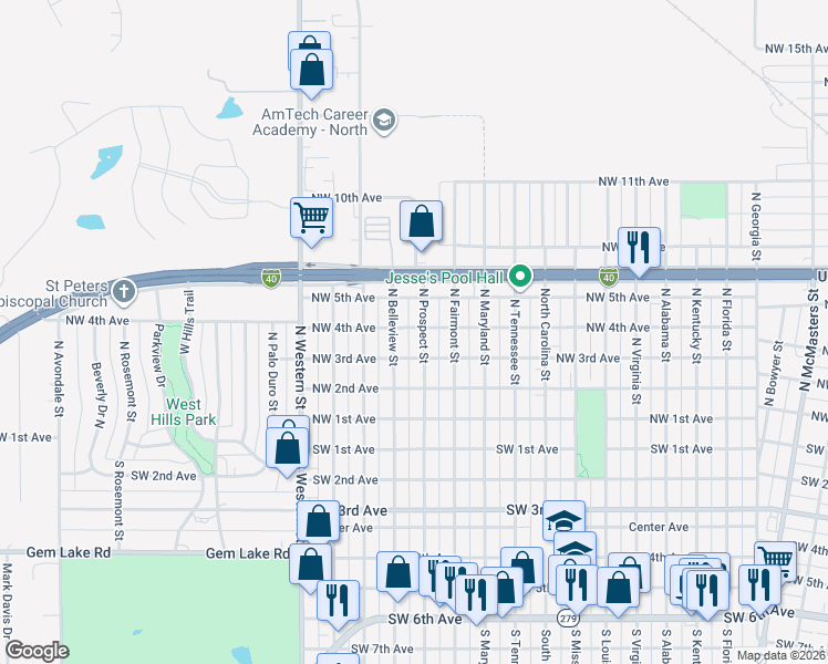 map of restaurants, bars, coffee shops, grocery stores, and more near 306 North Belleview Street in Amarillo