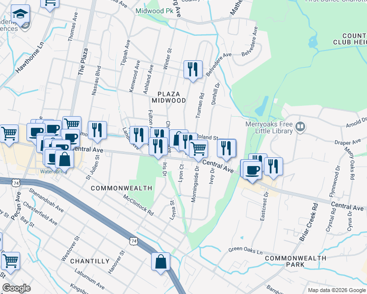 map of restaurants, bars, coffee shops, grocery stores, and more near 1617 Club Road in Charlotte