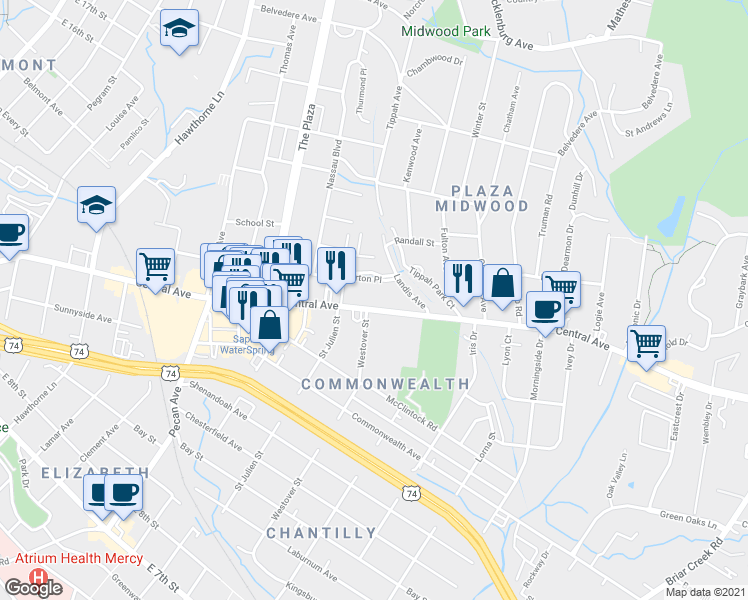 map of restaurants, bars, coffee shops, grocery stores, and more near 2007 Central Avenue in Charlotte