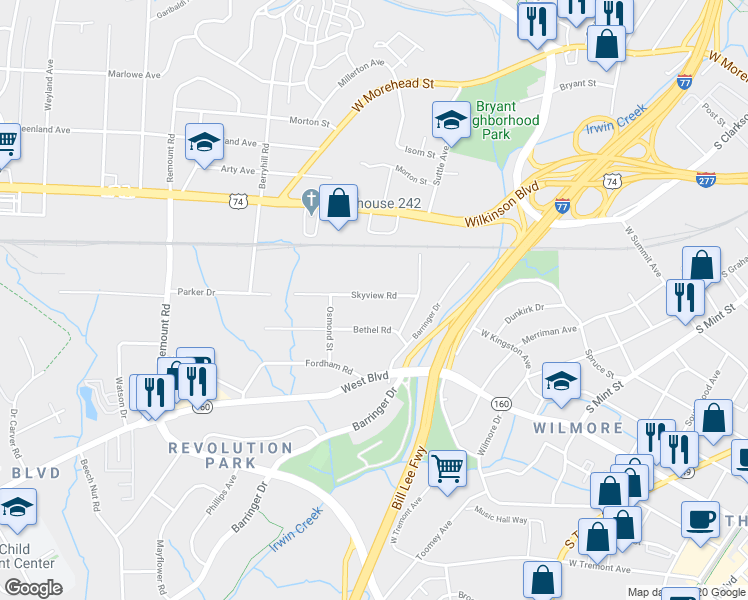 map of restaurants, bars, coffee shops, grocery stores, and more near 1123 Skyview Road in Charlotte