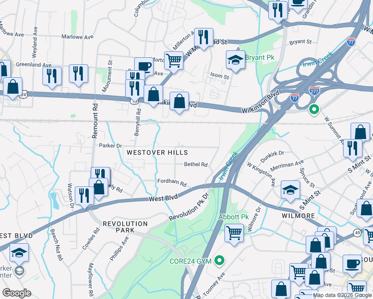 map of restaurants, bars, coffee shops, grocery stores, and more near 1219 Skyview Road in Charlotte