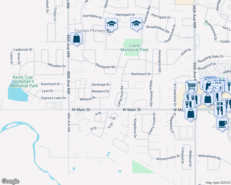 map of restaurants, bars, coffee shops, grocery stores, and more near 213 Victory Drive in Norman