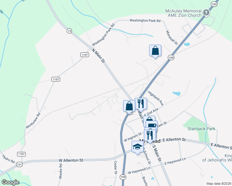 map of restaurants, bars, coffee shops, grocery stores, and more near 3101 Country Lane in Mount Gilead