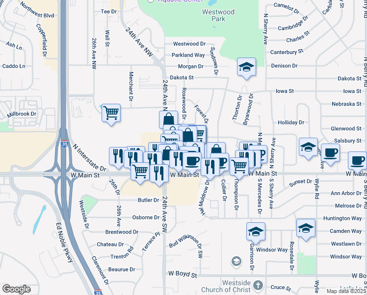 map of restaurants, bars, coffee shops, grocery stores, and more near 2203 W Main St in Norman