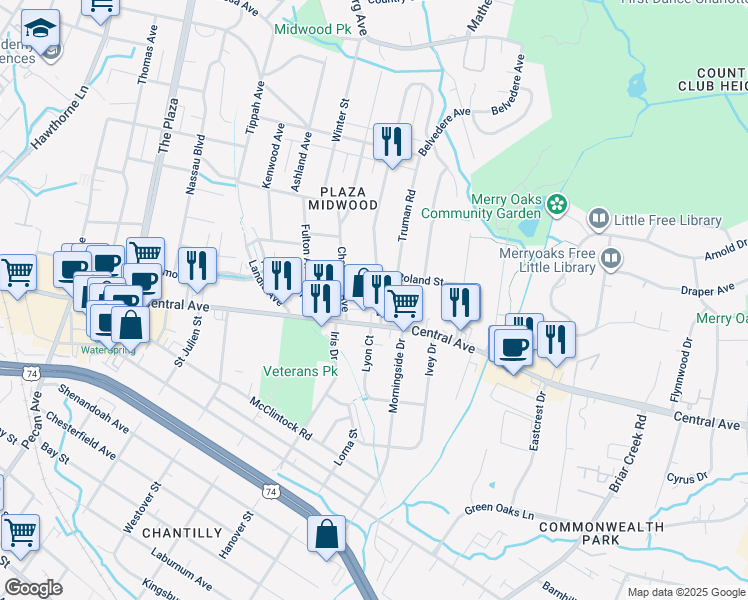 map of restaurants, bars, coffee shops, grocery stores, and more near 1625 Club Road in Charlotte