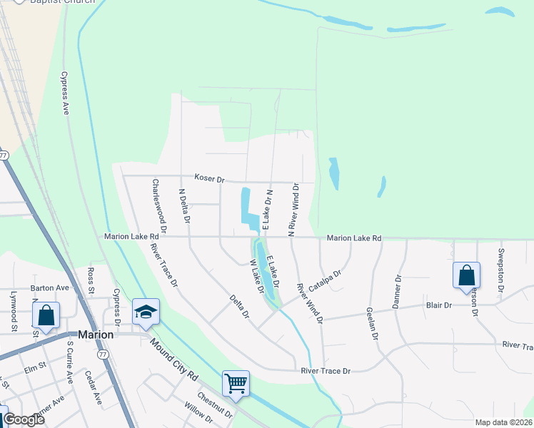 map of restaurants, bars, coffee shops, grocery stores, and more near 605 East Lake Drive North in Marion