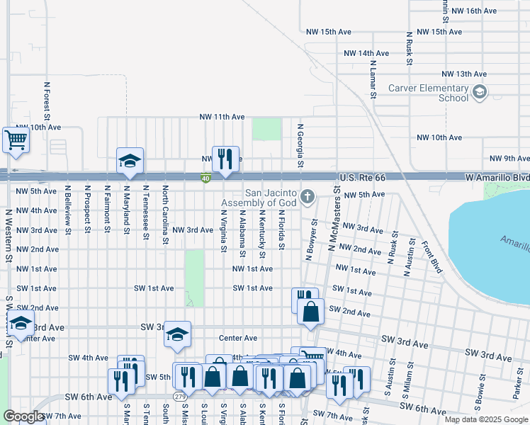 map of restaurants, bars, coffee shops, grocery stores, and more near 310 North Kentucky Street in Amarillo