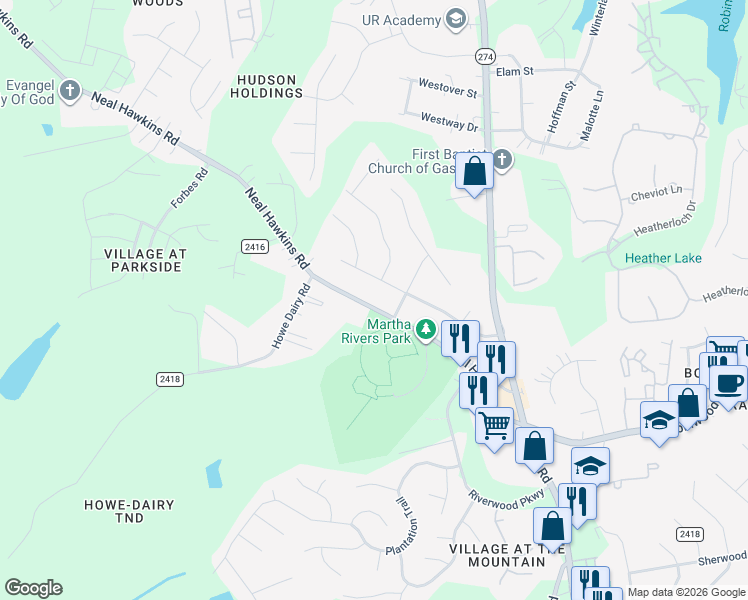 map of restaurants, bars, coffee shops, grocery stores, and more near 1416 Neal Hawkins Road in Gastonia