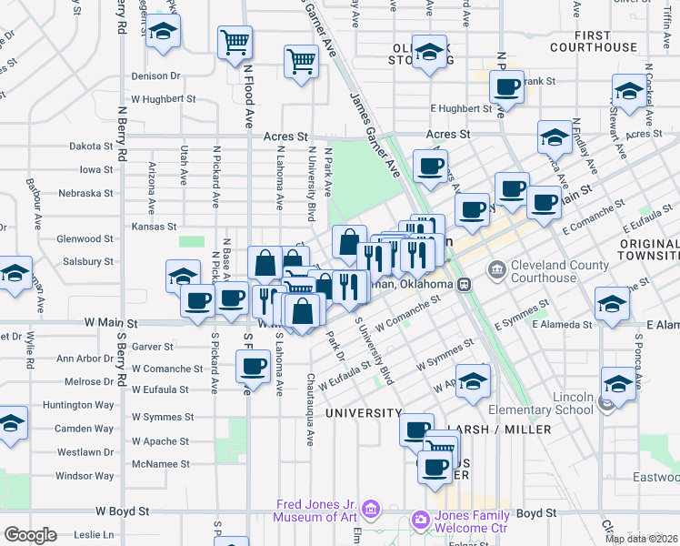 map of restaurants, bars, coffee shops, grocery stores, and more near 200 North University Boulevard in Norman