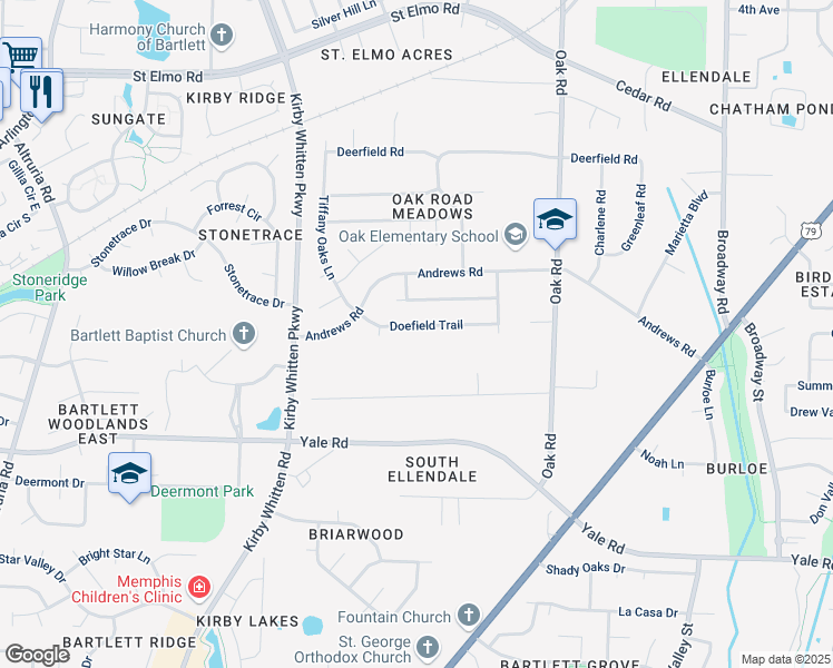 map of restaurants, bars, coffee shops, grocery stores, and more near 6967 Doefield Trail in Memphis