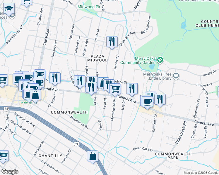 map of restaurants, bars, coffee shops, grocery stores, and more near 1617 Club Road in Charlotte