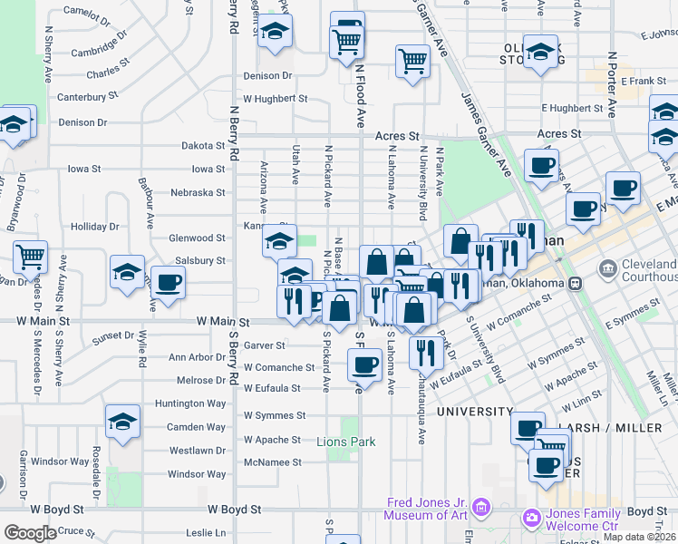 map of restaurants, bars, coffee shops, grocery stores, and more near 312 North Base Avenue in Norman