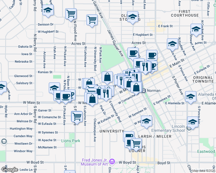 map of restaurants, bars, coffee shops, grocery stores, and more near 300 West Gray Street in Norman