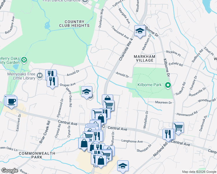 map of restaurants, bars, coffee shops, grocery stores, and more near 2749 Eastway Drive in Charlotte