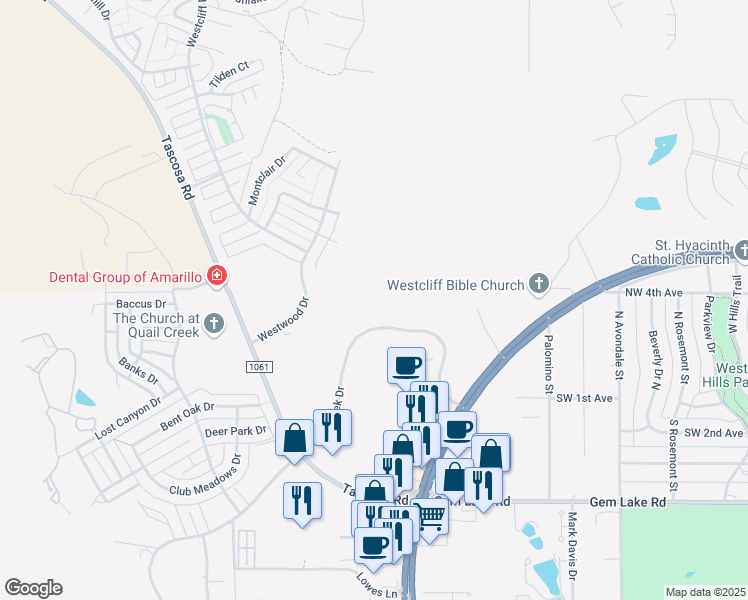 map of restaurants, bars, coffee shops, grocery stores, and more near 5900 Plum Creek Drive in Amarillo