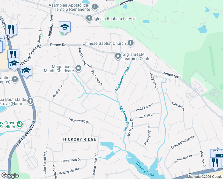 map of restaurants, bars, coffee shops, grocery stores, and more near 6227 Rockshire Drive in Charlotte